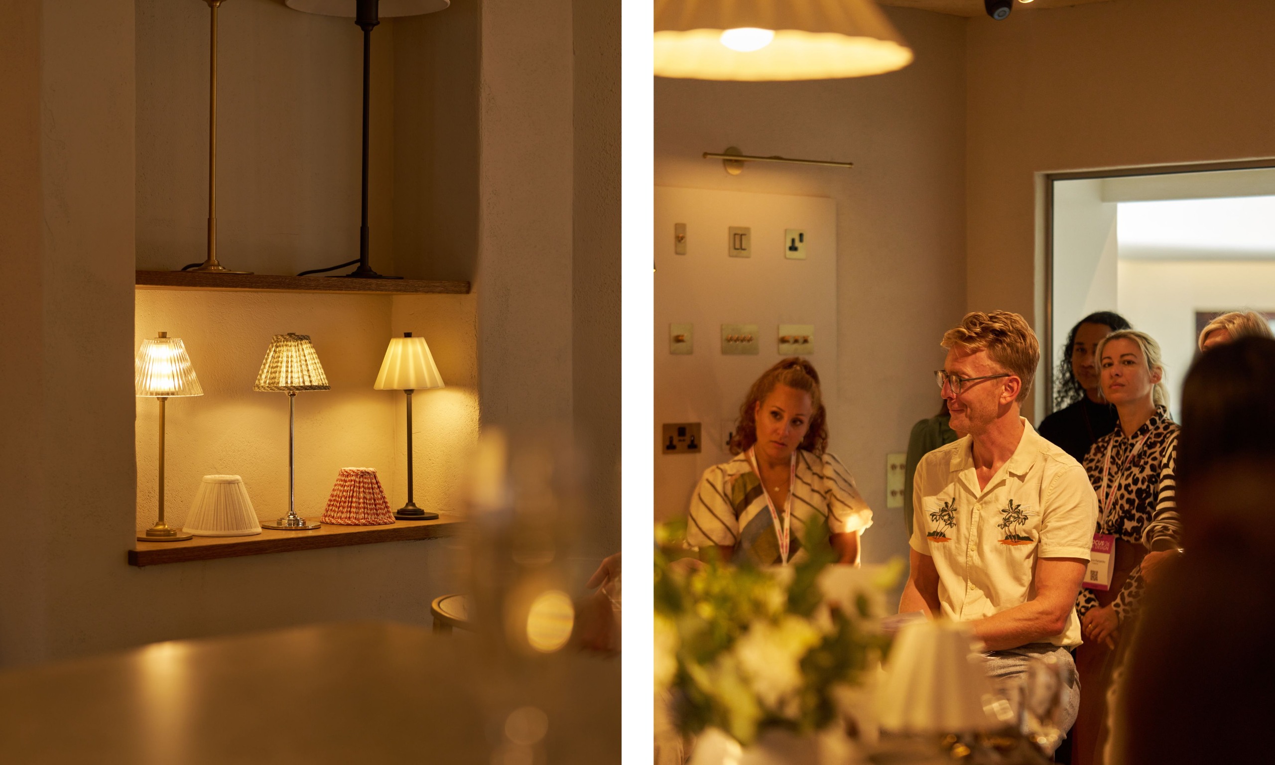 two shots next to each other. On the left, some rechargeable lamps with linen shades. On the right, Pip Rich sits surrounded by an audience