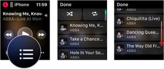 To use the playback controls on Apple Watch, tap the Up Next icon, tap a new song to play or tap on Shuffle or Repeat.