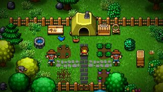 Cattle Country screenshot showing a pixel-style farm area with green grass, colorful crops, and scarecrows