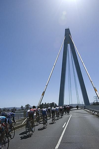 The peloton hit the Batman Bridge beneath clear blue skies on the penultimate day of the Tour.
