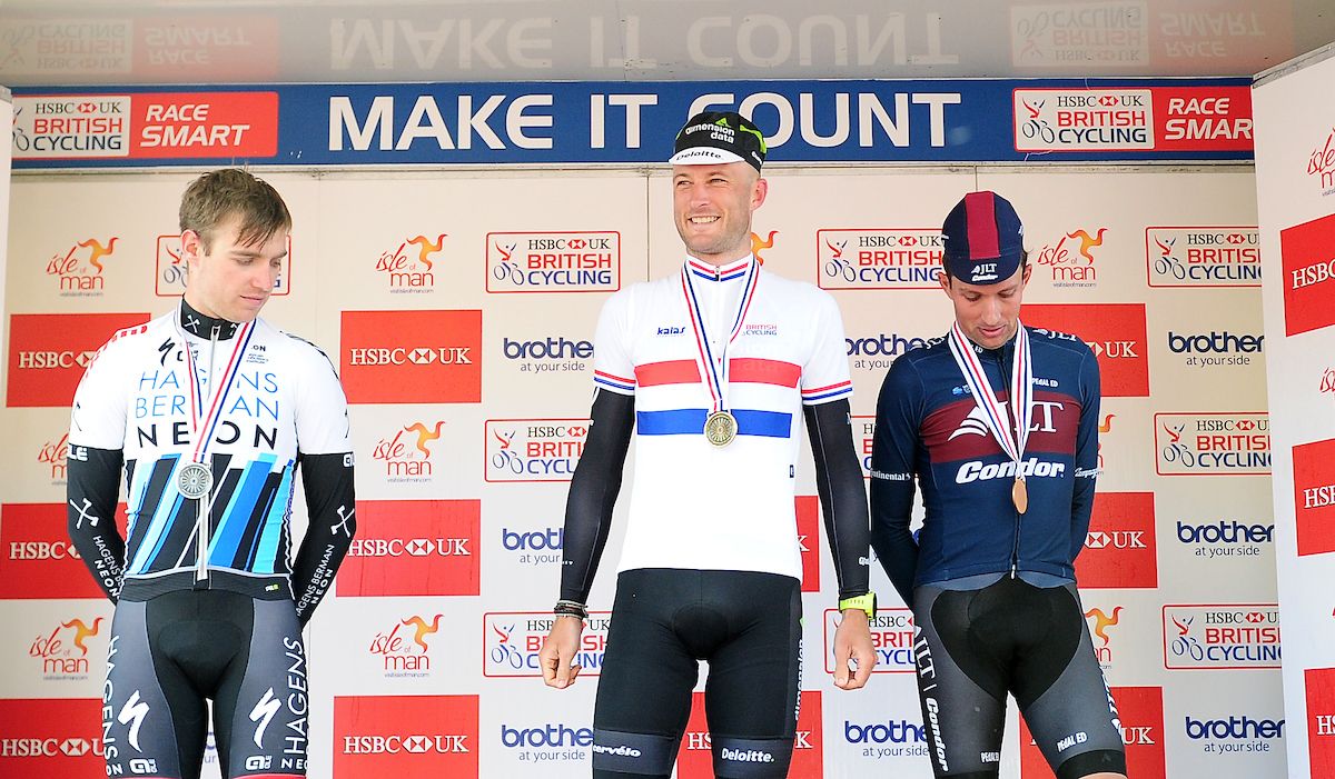 The men's road race podium at British nationals