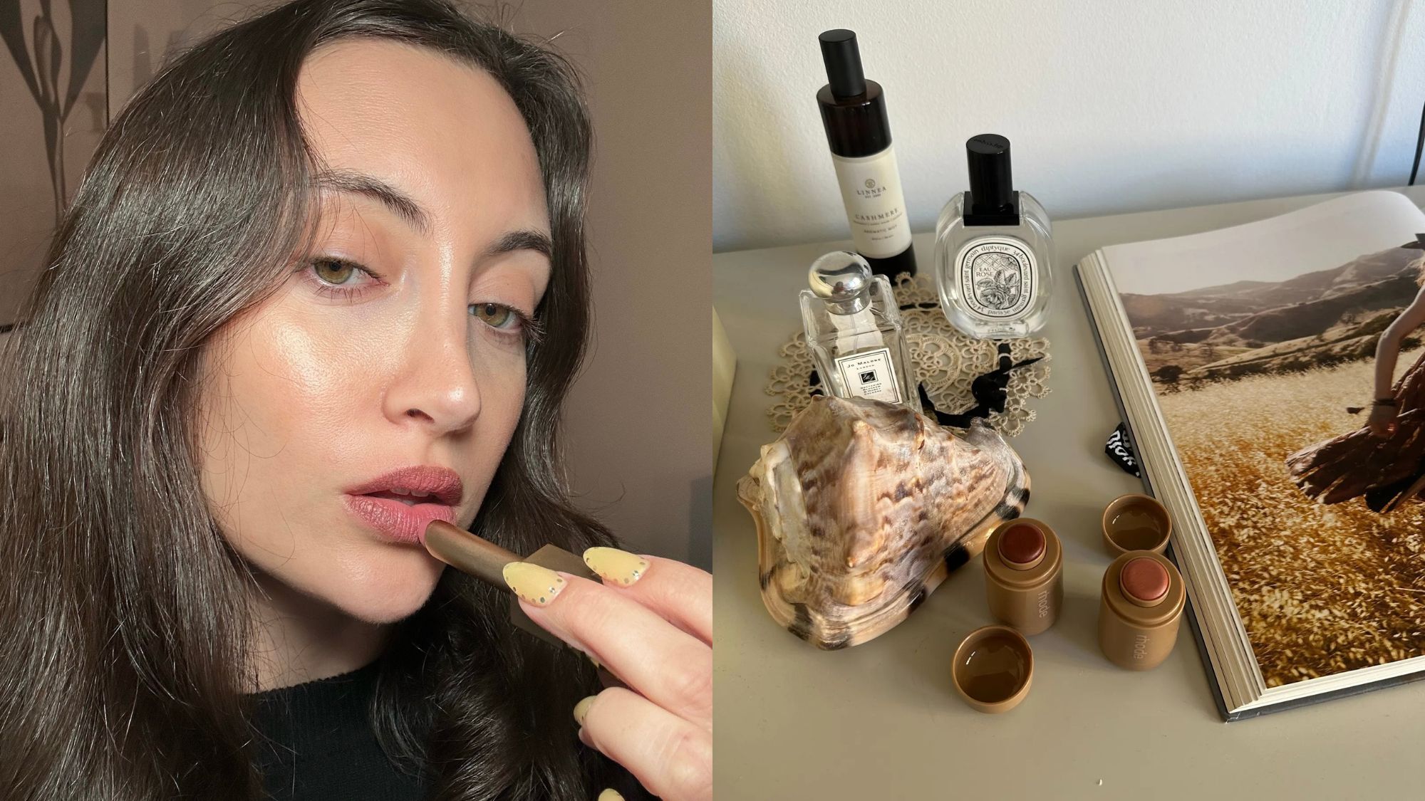 Images of Who What Wear associate beauty editor Alyssa Brascia applying lipstick and senior beauty editor Jamie Schneider&#039;s photo of the Rhode Pocket Blushes on a countertop.