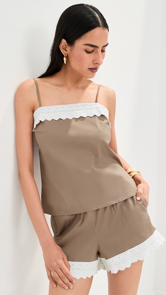 Lace Trim Tank - Taupe