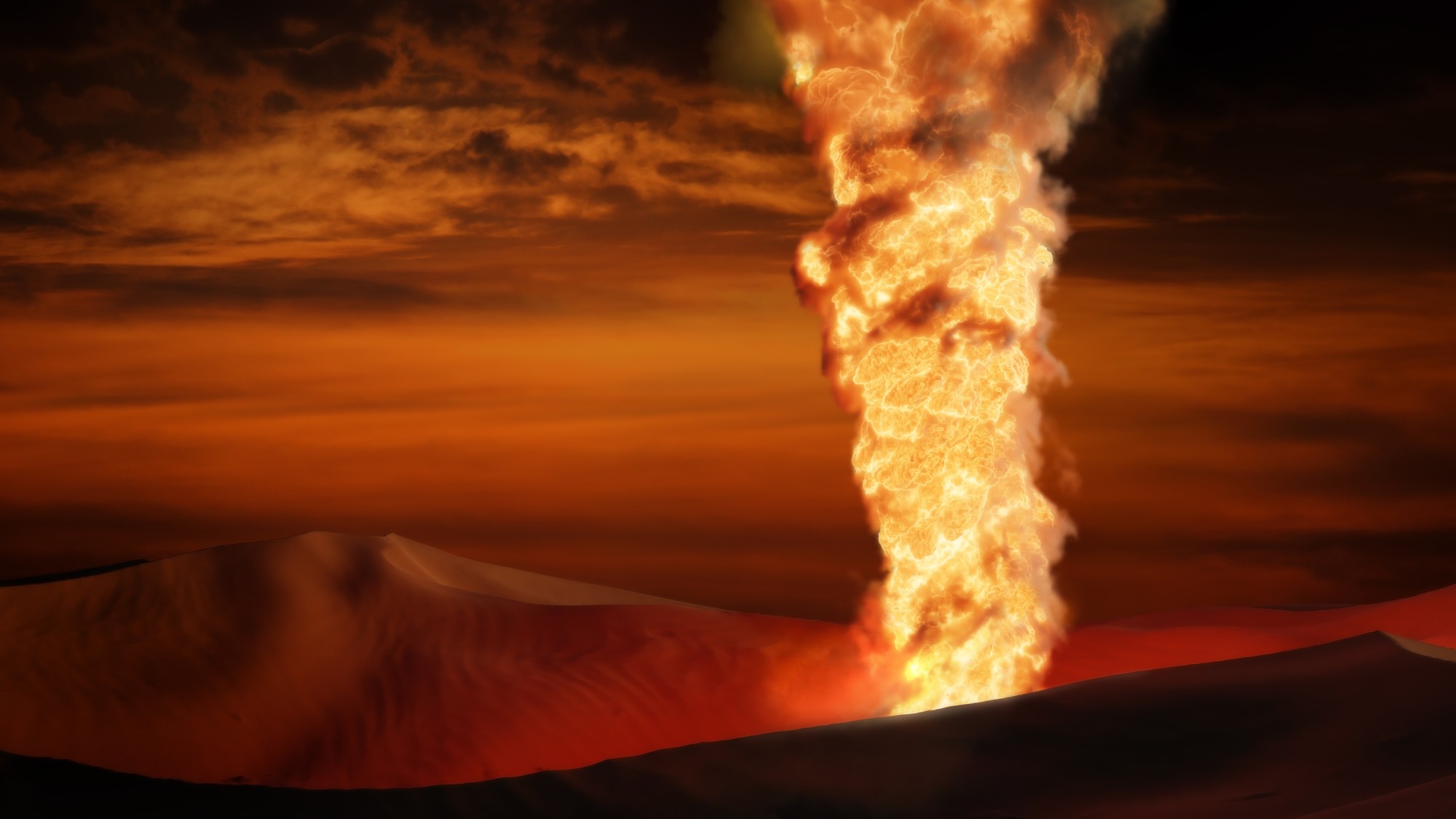 Fire tornado in desert 3D illustration