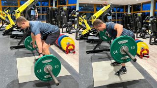 Trainer Luiz Silva demonstrates two positions of the barbell bent-over row