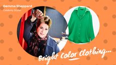 Bright color clothes: composite image of Gemma Sheppard, shot by Gemma Reynolds, Gemma Sheppard is smiling at the camera and the composite is with a cut out of a satin look green shirt to illustrate bright color clothing
