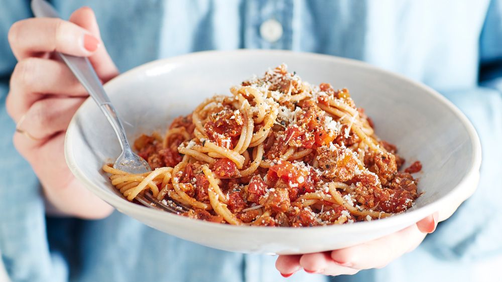 Plate of spaghetti bolognese