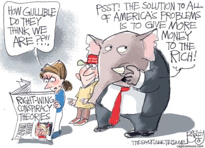 Political cartoon U.S. Republican elephant conspiracy theories MAGA