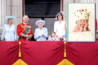 The Royal Family on the balcony with drop in image of a baby wearing a crown