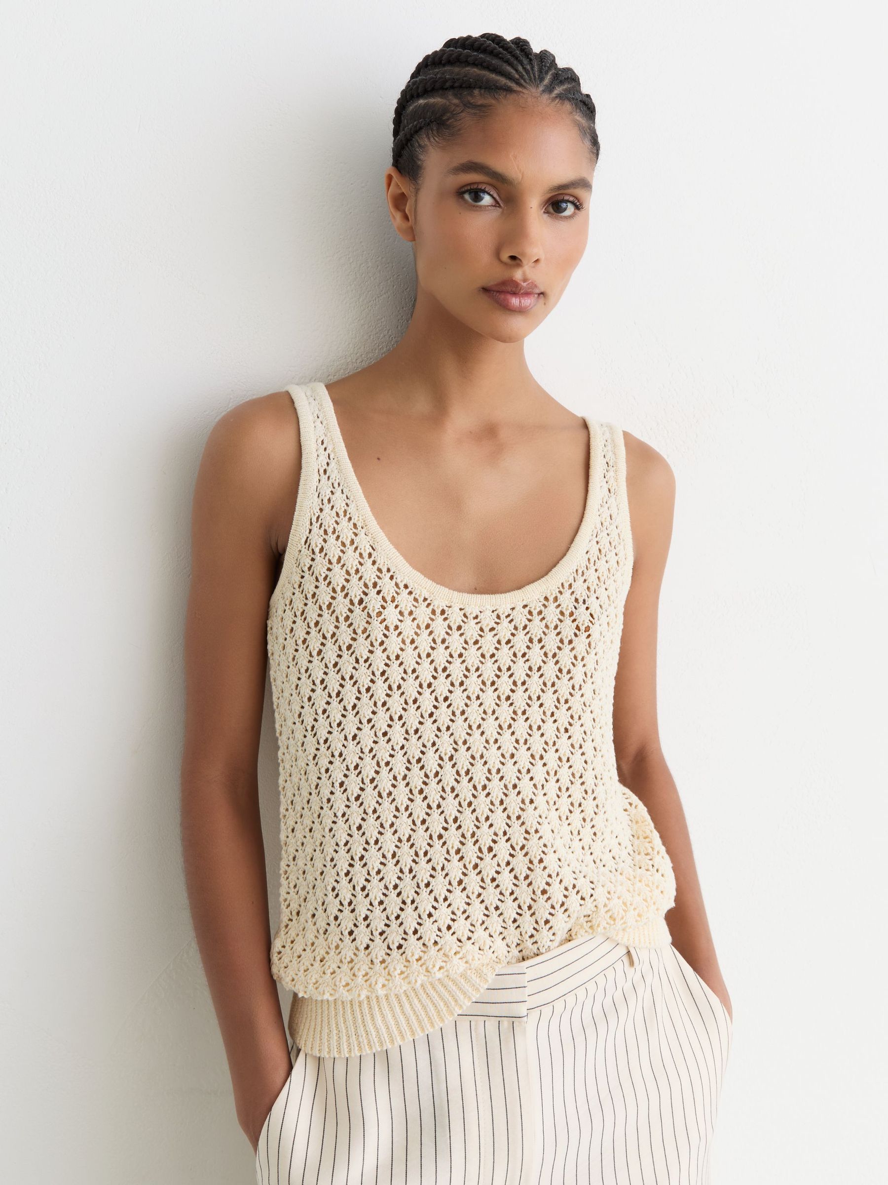 Linen Open-Stitch Knitted Vest in Ivory - Size Xs