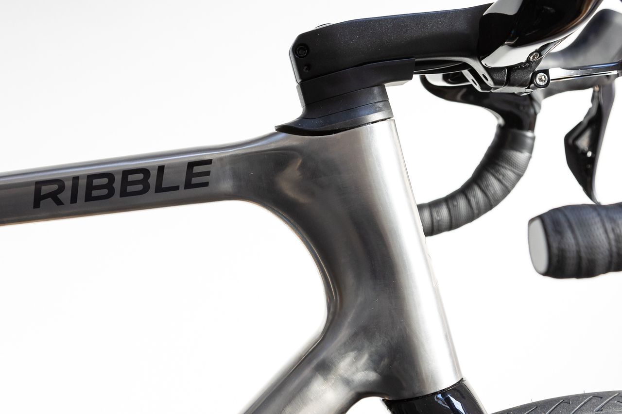 Close up of Ribble Allroad Ti 3D-printed head tube against white background