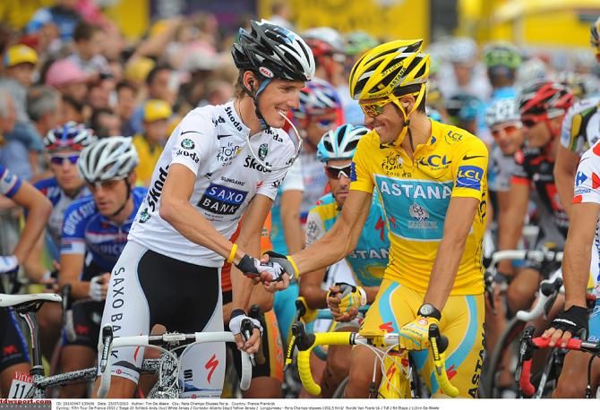 Andy Schleck and Alberto Contador ended the 2010 Tour de France like this, but Schleck would be awarded the win later