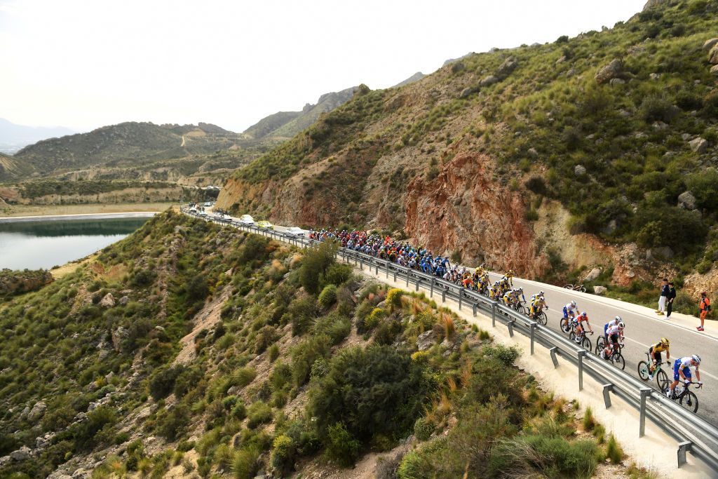 TORREVIEJA SPAIN FEBRUARY 07 Tim Declerq of Belgium and Team Deceuninck QuickStep Paul Martens of Germany and Team JumboVisma Fabio Jakobsen of The Netherlands and Team Deceuninck QuickStep Dylan Groenewegen of The Netherlands and Team JumboVisma Orange Combined Jersey Peloton Landscape during the 71st Volta a la Comunitat Valenciana 2020 Stage 3 a 1746km stage from Orihuela to Torrevieja VueltaCV VCV2020 on February 07 2020 in Torrevieja Spain Photo by David RamosGetty Images