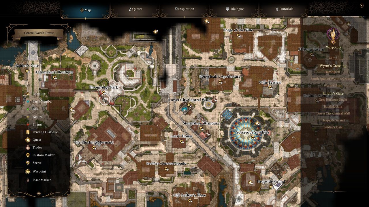Baldur's Gate 3 lower city guard tower shown on map