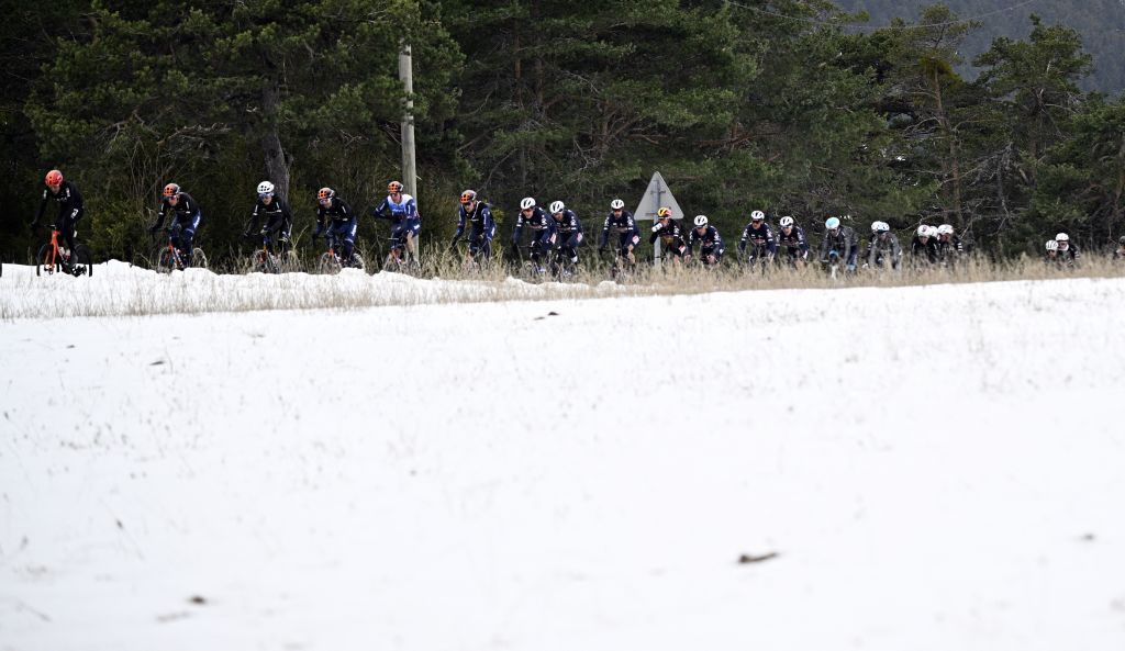 The pack of riders pictured in action during the sixth stage of the Paris-Nice eight days cycling stage race, 198,2km from Sisteron to La Colle-sur-Loup, France, Friday 08 March 2024. BELGA PHOTO JASPER JACOBS (Photo by JASPER JACOBS / BELGA MAG / Belga via AFP)