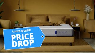 The Casper Element Pro Mattress in a yellow bedroom with a blue sales badge overlaid