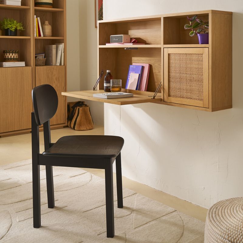 woven fold-out desk with black chair