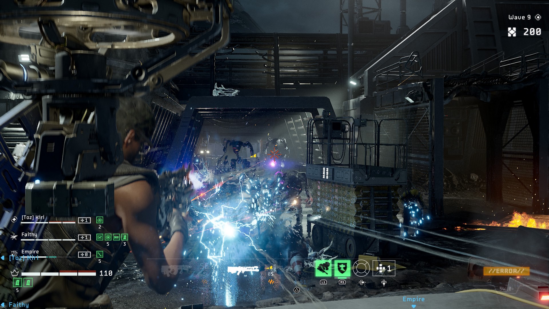 Shooting robots with an electric gun in Aliens: Fireteam Elite 2