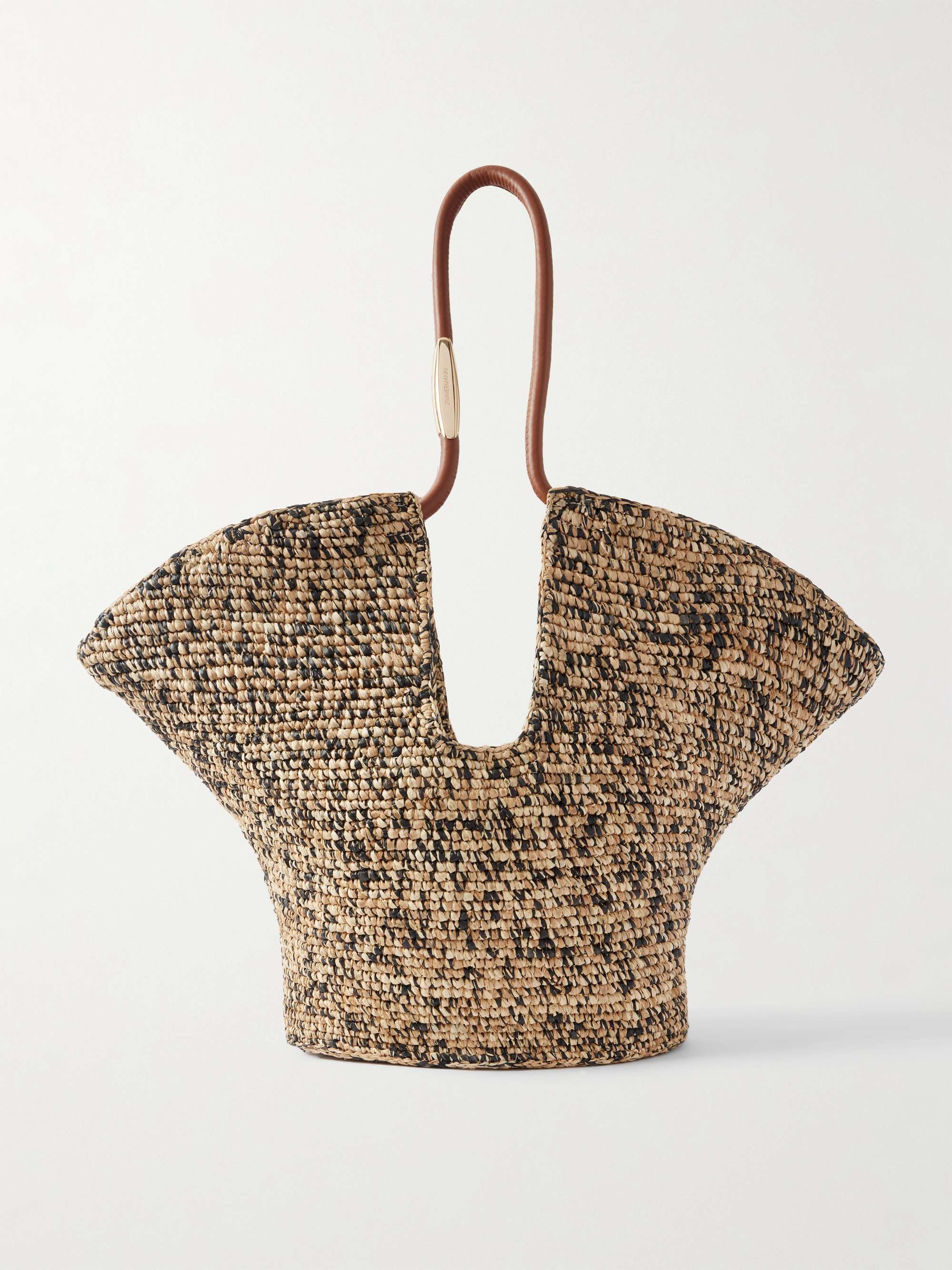 Goldentime Medium Embellished Leather-Trimmed Raffia Tote