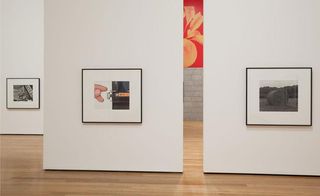 Christopher Williams's exhibition at MoMa in New York. Photographs are hung low and spaced out.