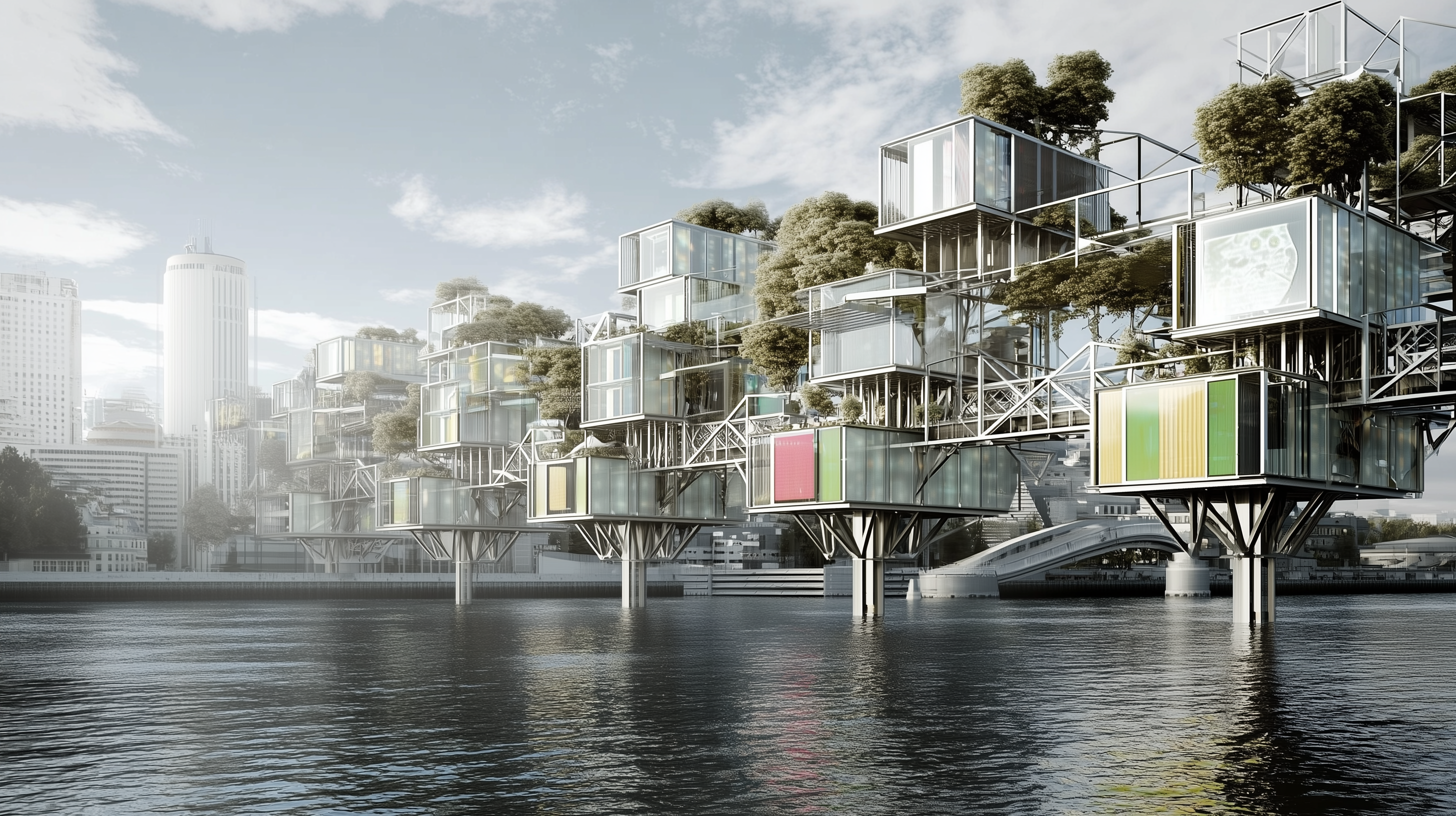Concept image of small modular data centers above water in a city.