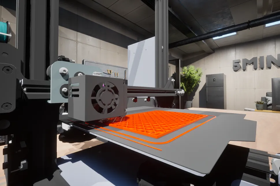 Primer plano de una impresora 3D en funcionamiento, depositando filamento naranja sobre la base de impresión en un entorno de taller moderno con el nombre "5MIN" visible en el fondo.