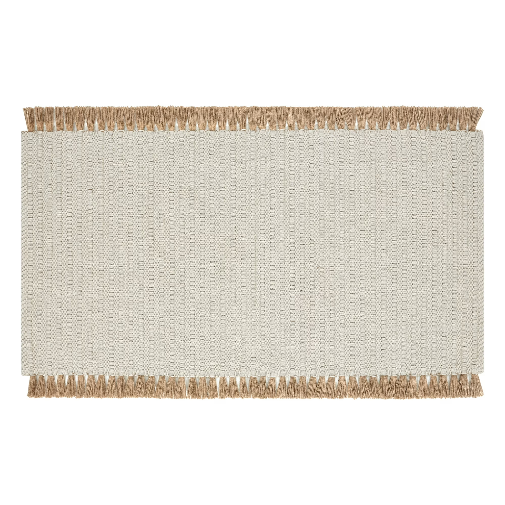 a small jute rug with tassels on the ends 