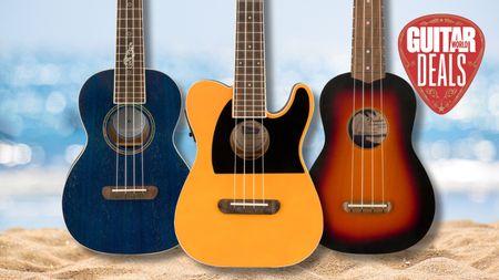 Three ukuleles on a beach