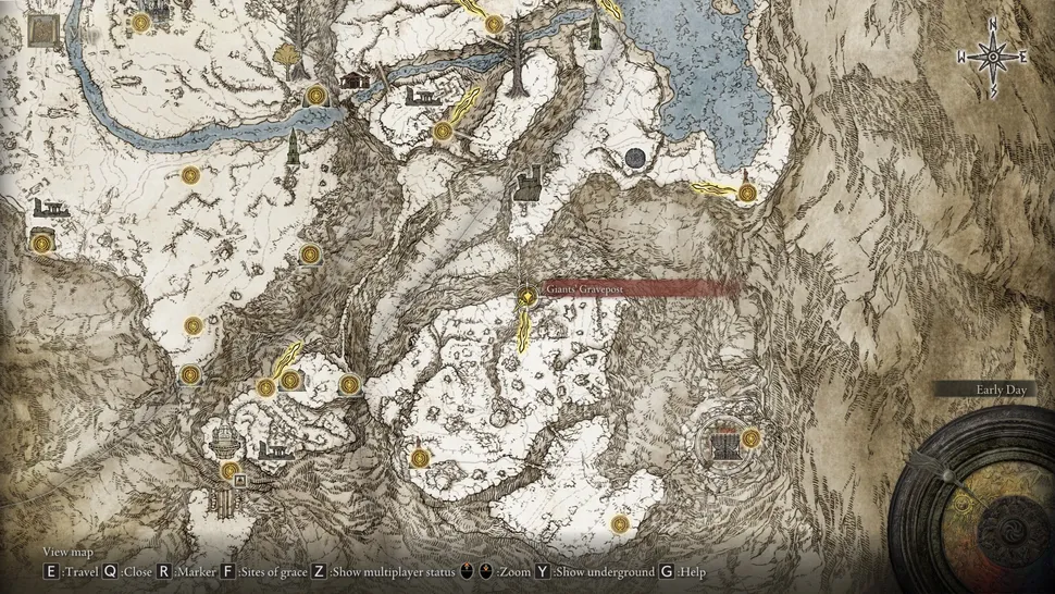 Фрагмент карты Elden Ring для East Mountaintops of Giants