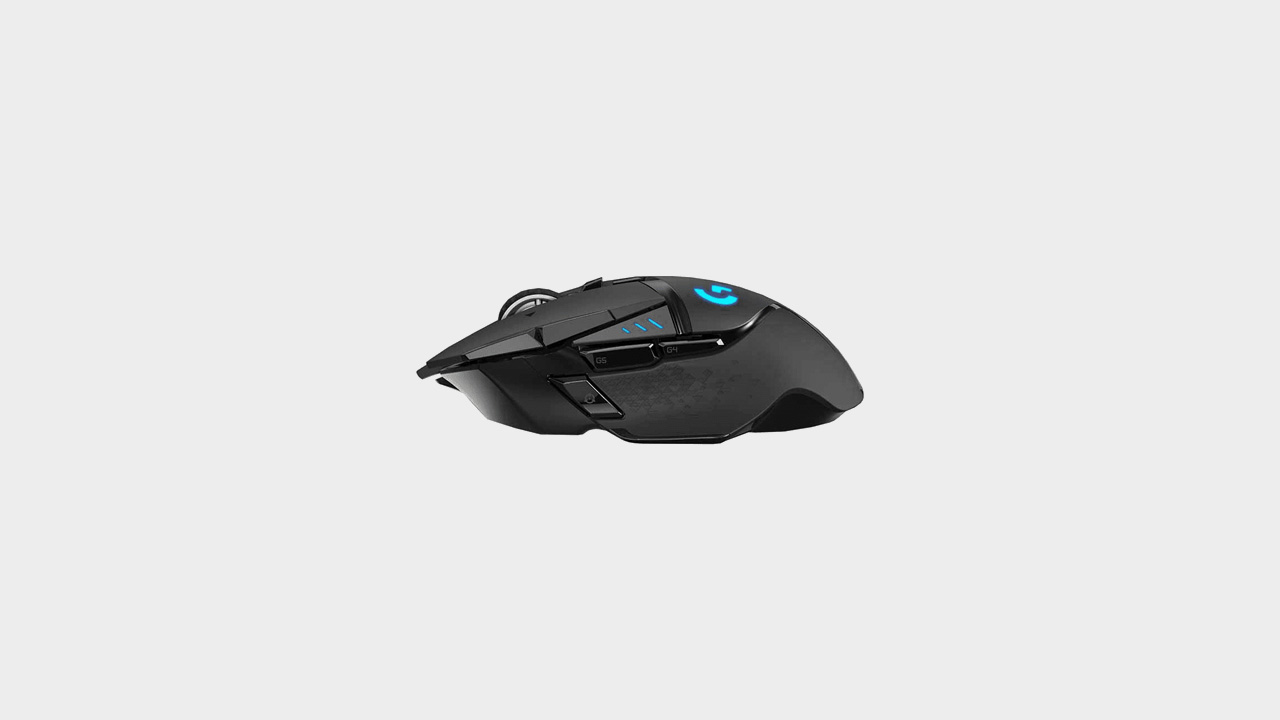 Logitech G502 Lightspeed Wireless mouse on a grey background