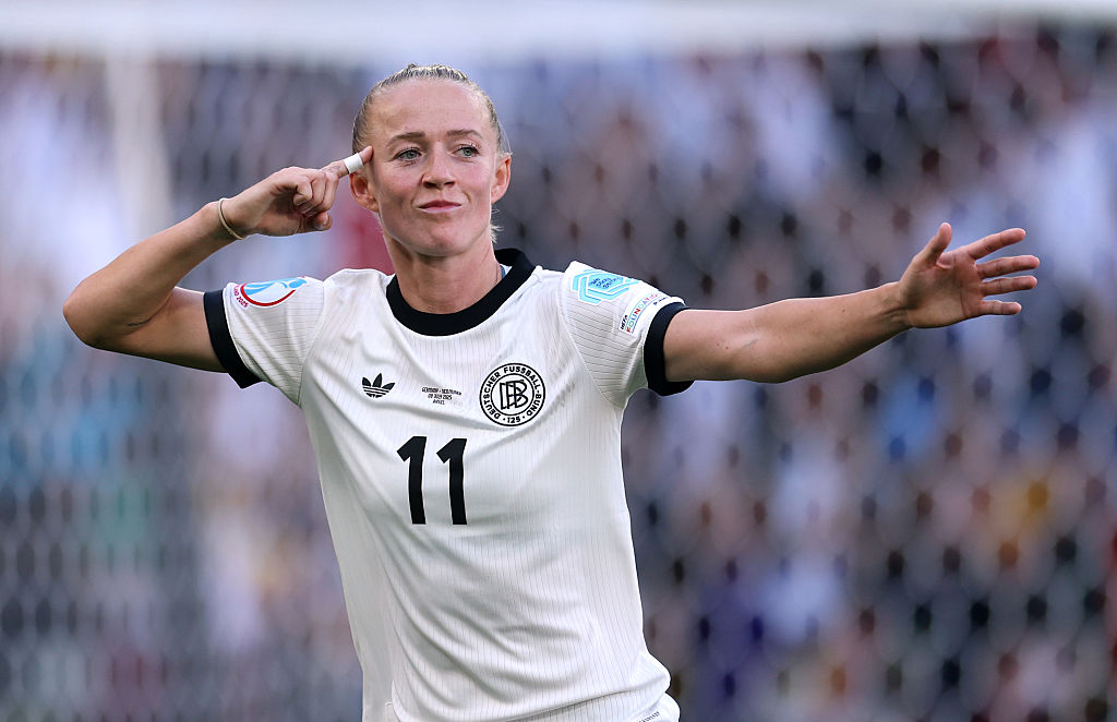 Lea Schueller of Germany celebrates scoring her team's second goal during the UEFA Women's EURO 2025 Group C match between Germany and Denmark at St. Jakob-Park on July 08, 2025 in Basel, Switzerland.