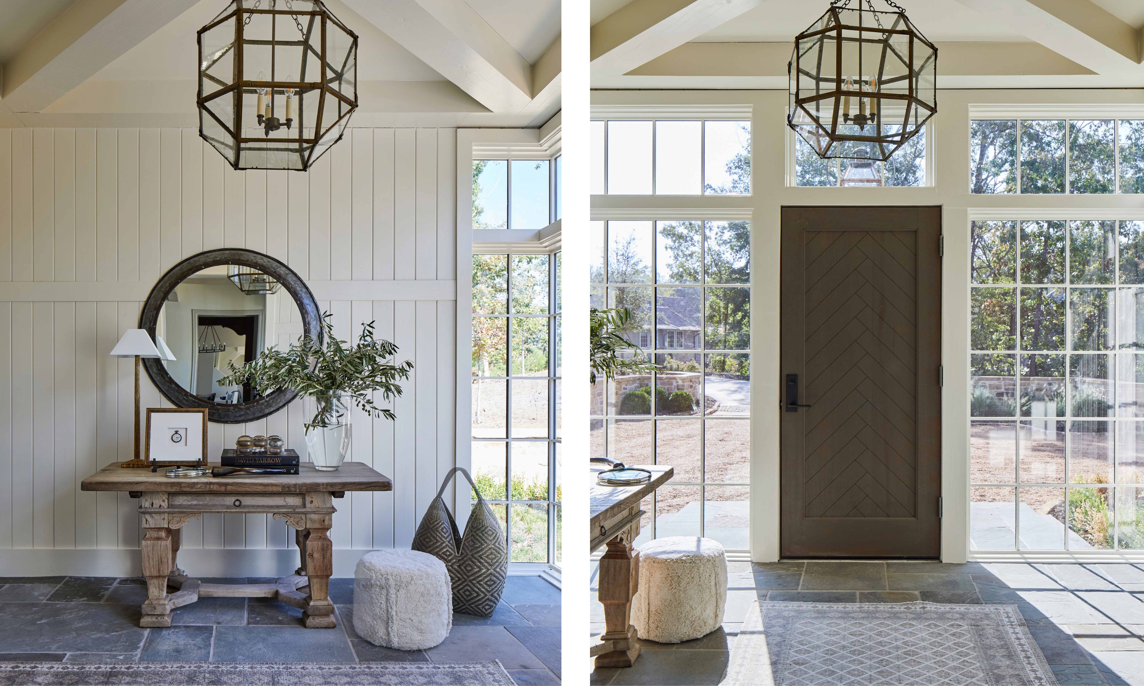 two shots side by side of the same neutral entryway from different angles, showing a gray stone floor, white wood wall panels and big windows
