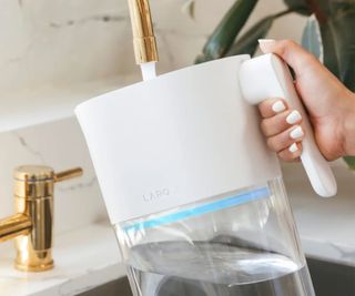 LARQ Water Filter Jug being filled from a gold tap