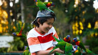 Child in stripy shirt with birds on top of head
