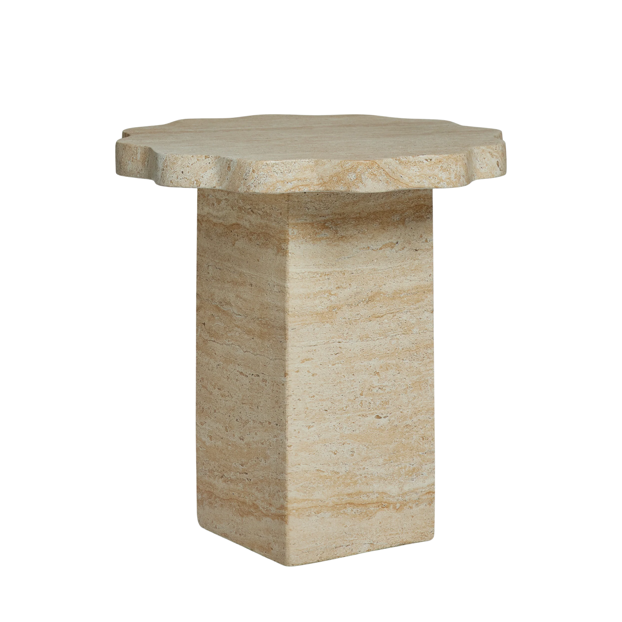 a travertine outdoor side table with a scallop rimmed surface