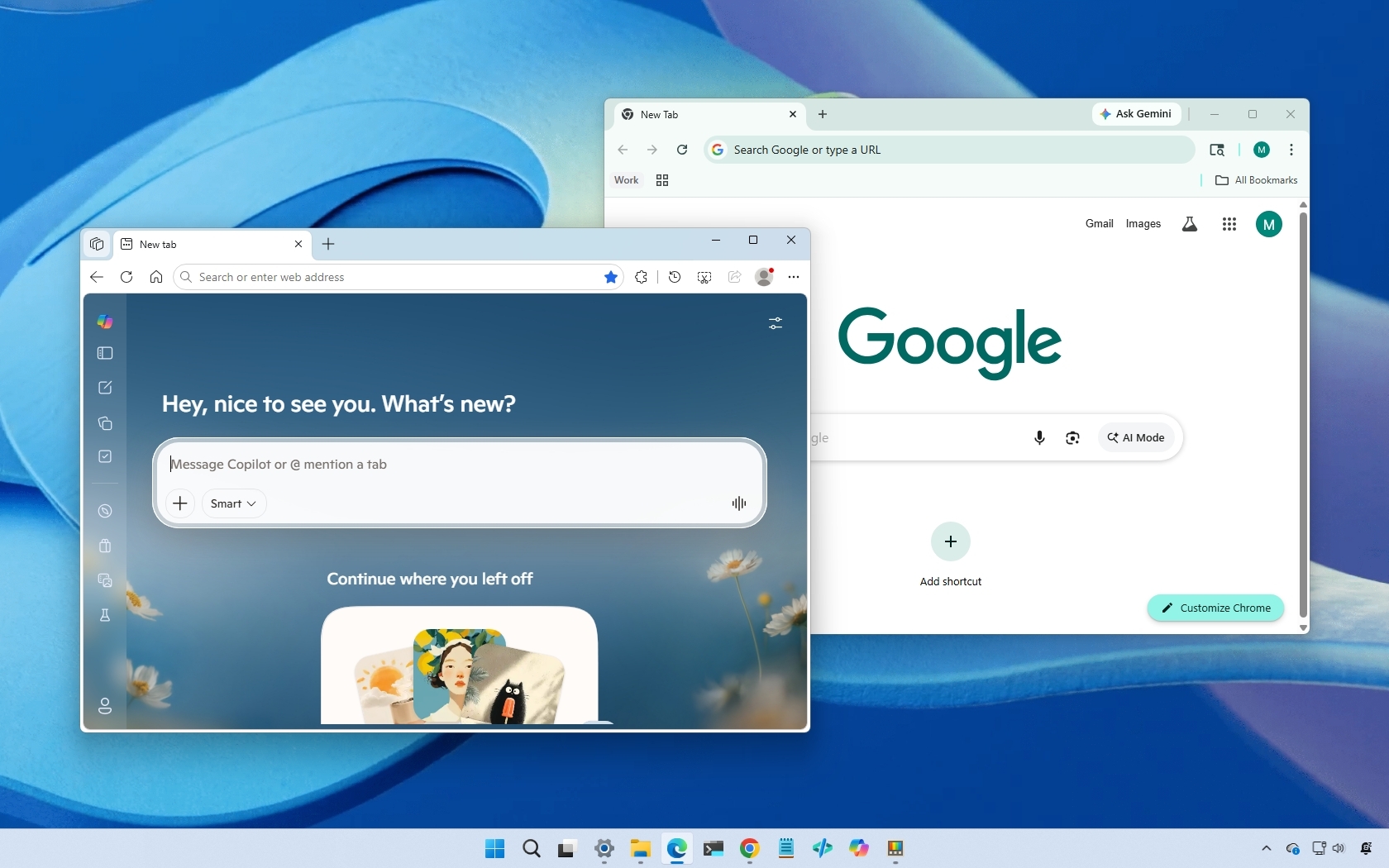 A Windows 11 desktop with two overlapping browser windows: Edge, showing a welcome message and a search bar, and Chrome, open to the Google homepage.