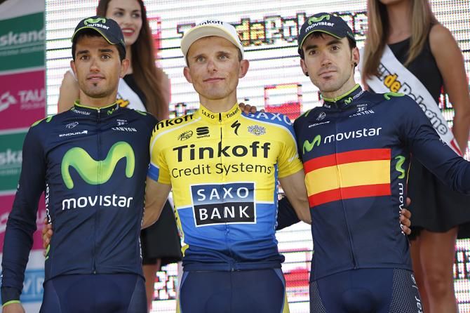 Tour of Poland stage 6 podium (l-r): Benat Inxausti (Movistar), Rafal Majka (Tinkoff - Saxo) and Jon Izaguirre (Movistar