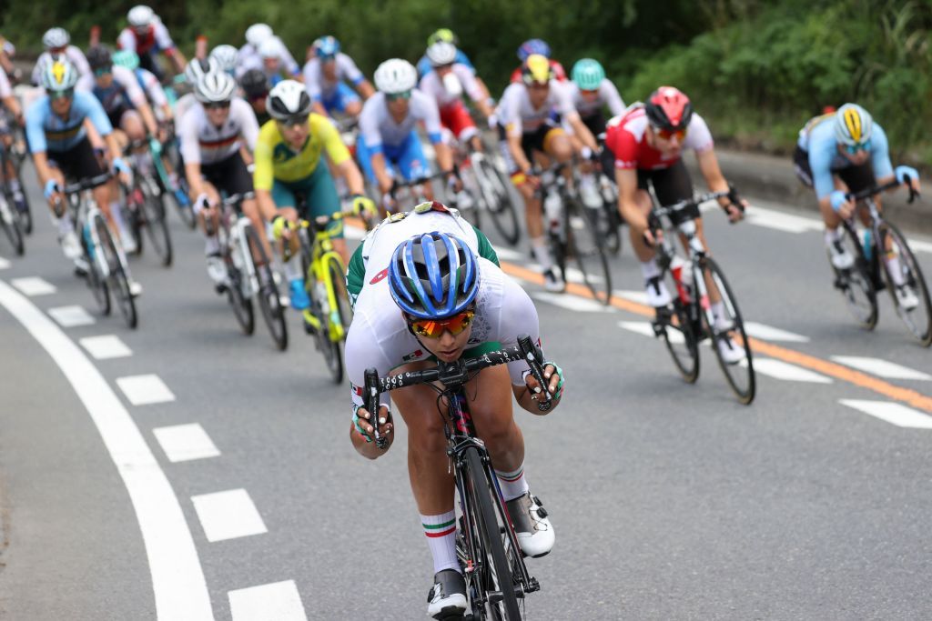 Mexicos Lizbeth Yareli Salazar Vazquez C rides in an aerodynamic position during a descend in the womens cycling road race of the Tokyo 2020 Olympic Games finishing at the Fuji International Speedway in Oyama Japan on July 25 2021 Photo by MICHAEL STEELE POOL AFP Photo by MICHAEL STEELEPOOLAFP via Getty Images