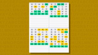 Quordle daily sequence answers for game 681 on a yellow background
