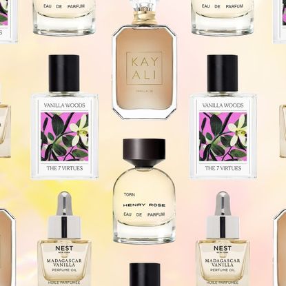 a collage of vanilla perfume bottles