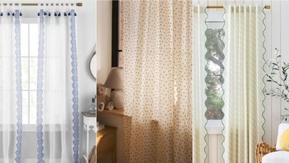 Three panel image of Scalloped shape curtains lifestyle images