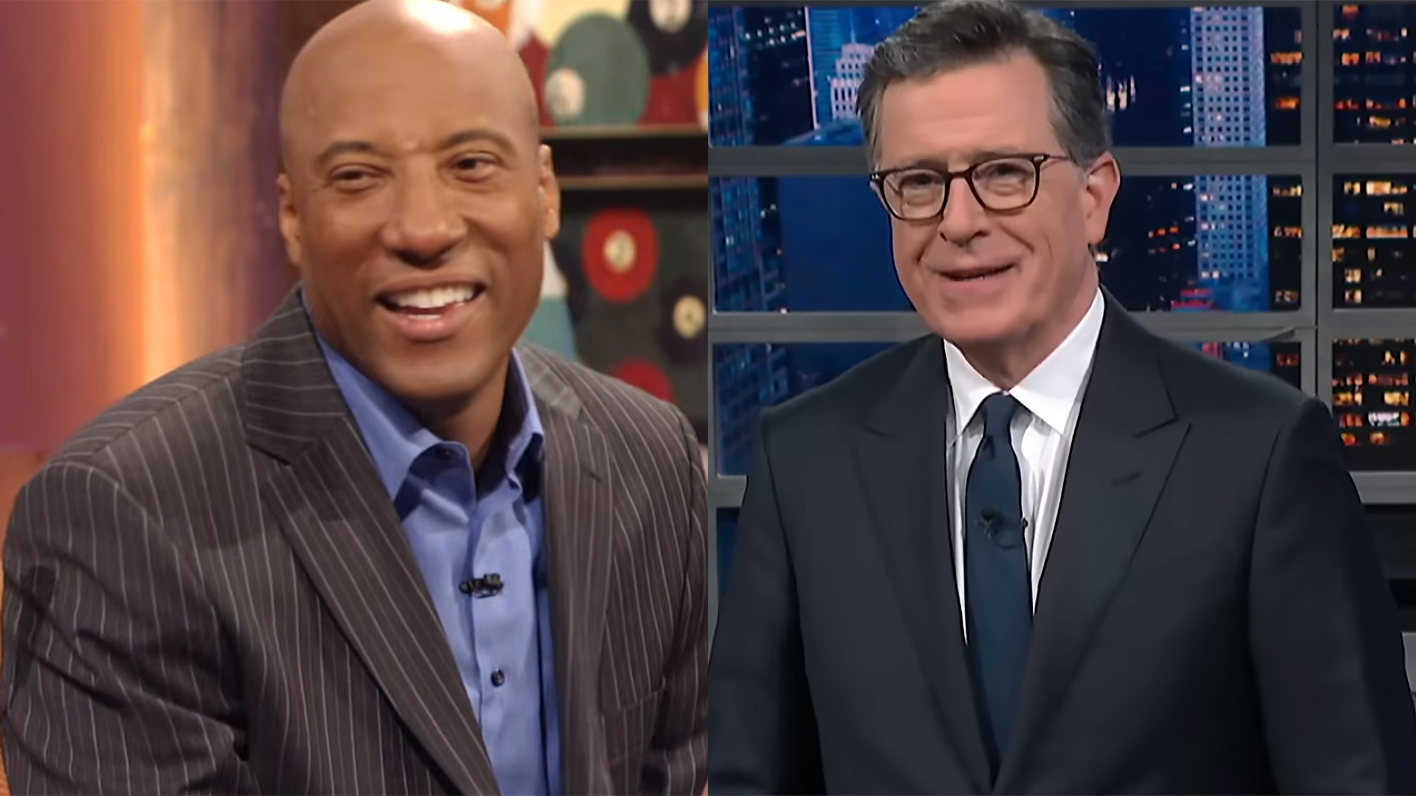 Byron Allen smiles on Comics Unleashed in a pinstriped suit and button down, Stephen Colbert smiles on late show in dark suit, tie and button down. 