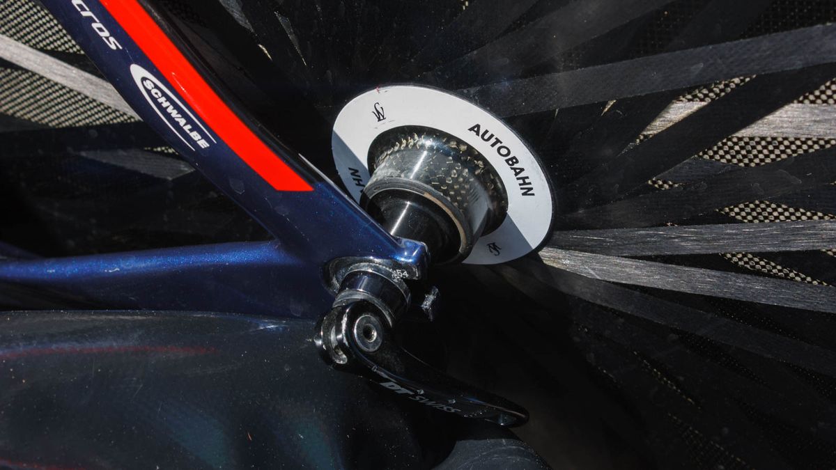 It's branded DT Swiss, but this is a Lightweight Autobahn disc wheel (Matthew Allen / Immediate Media)