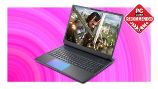 An Alienware 18 Area-51 gaming laptop on a pink deals background with the PC Gamer recommended badge in the top right