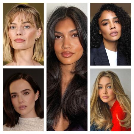 five women with trendy haircuts in a grid pattern