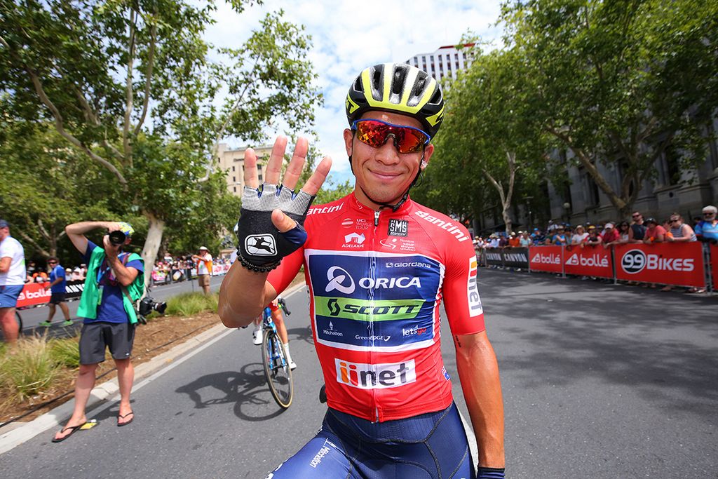 Caleb Ewan (Orica-Scott) counts the number of stage wins