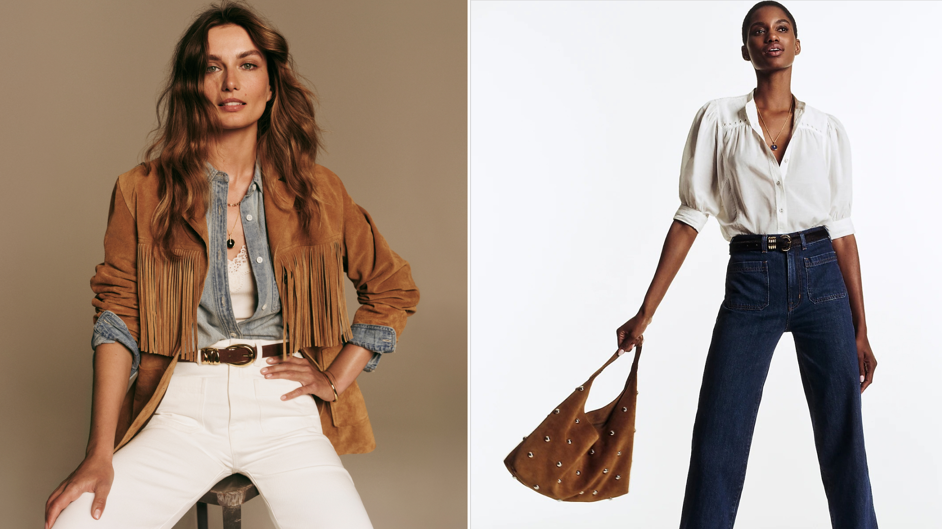 Split image of madewell model wearing suede jacket and bag