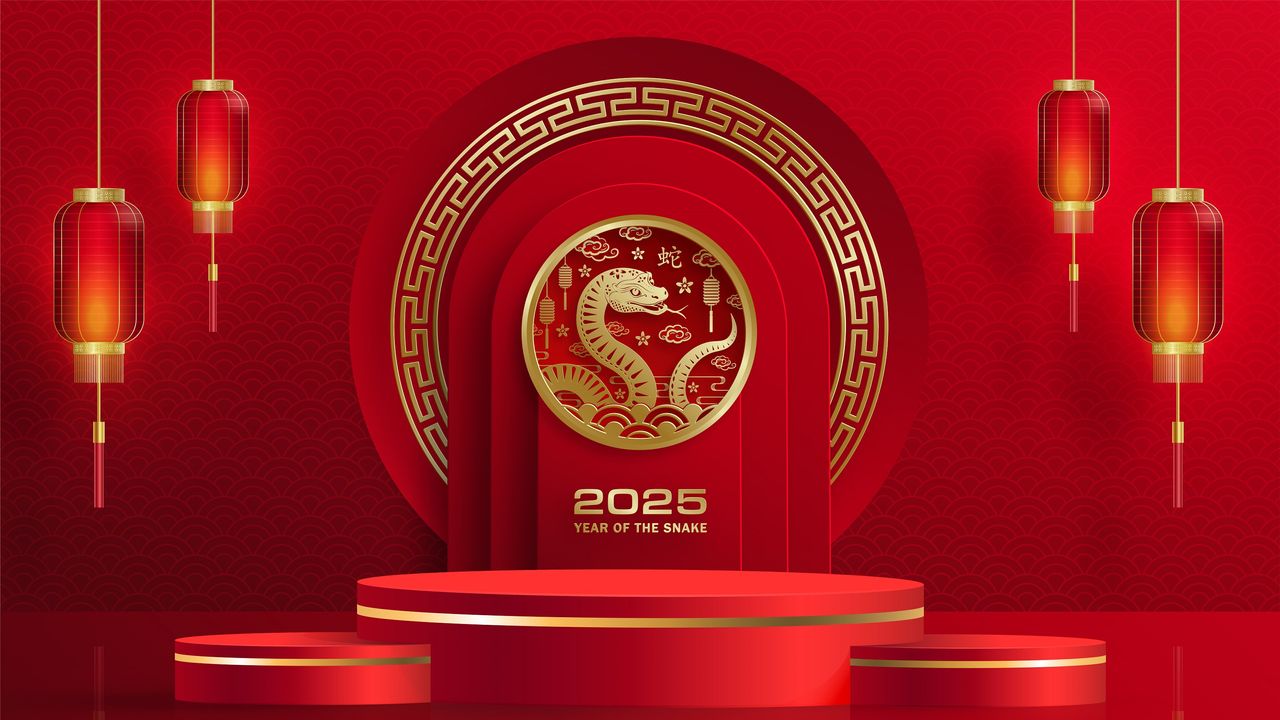 The symbol for the Year of the Wood Snake and the year 2025 on a red background.