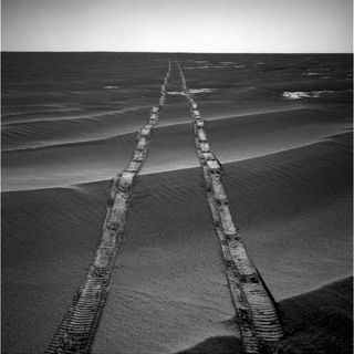 NASA released this image, originally captured by the Opportunity rover on Aug. 4, 2010, to commemorate the end of the Mars Exploration Rovers mission.