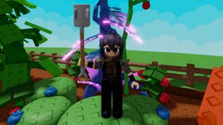 Grow a Garden 2 - A player holding a shovel standing near strawberries, blueberries, and more